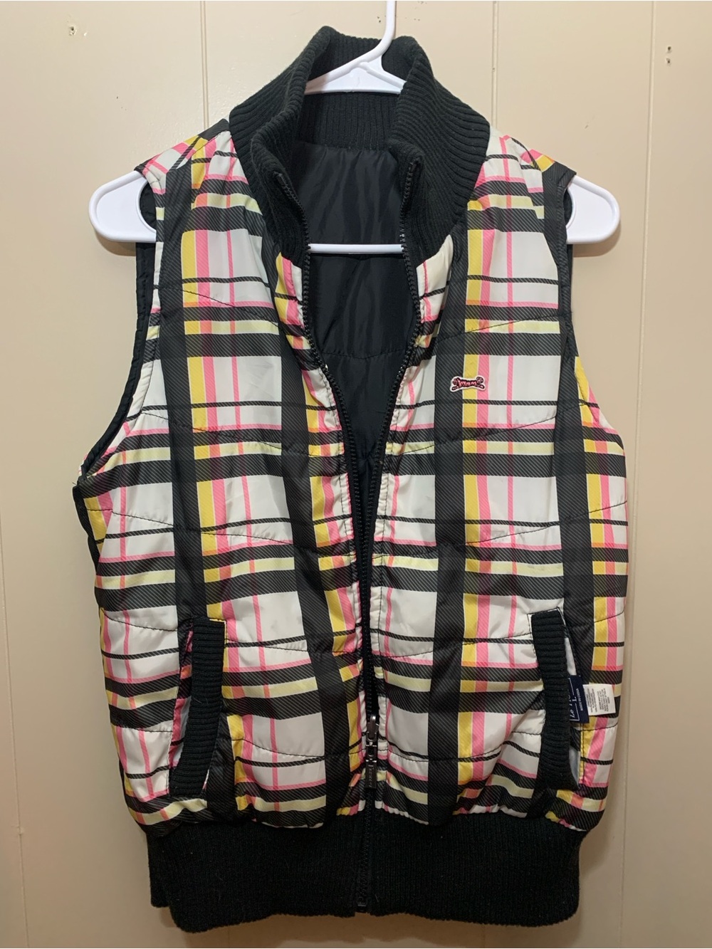 Le Tigre Plaid Quilted Puffer Vest in Black, White, Pink & Yellow